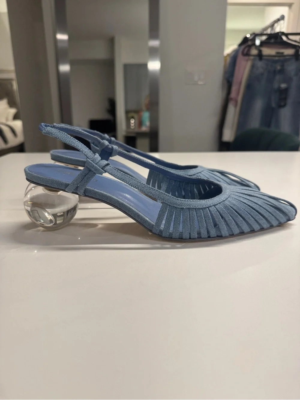 cult gaia Alia blue denim pleated slingback pointed-toe heels size 38.5 Lake